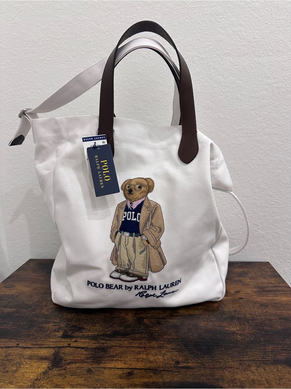 Polo Ralph Lauren White COLLEGIATE BEAR Canvas Embroidered SHOPPER Tote Bag NWT